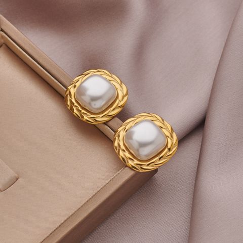 1 Pair Elegant Luxurious Quadrilateral Plating Inlay 304 Stainless Steel Imitation Pearl Artificial Pearls 18K Gold Plated Ear Studs
