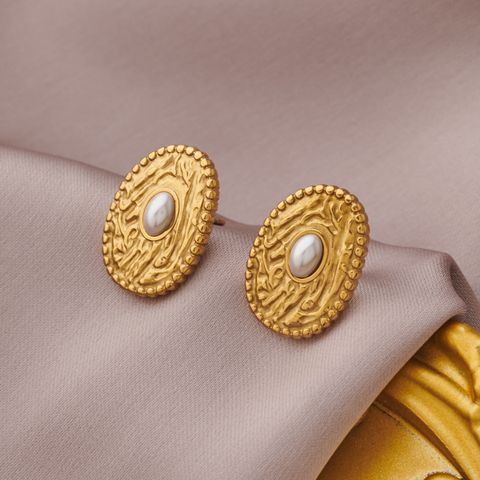 1 Pair Beach Commute Oval Pearl Plating Inlay 304 Stainless Steel Imitation Pearl Artificial Pearls 18K Gold Plated Ear Studs