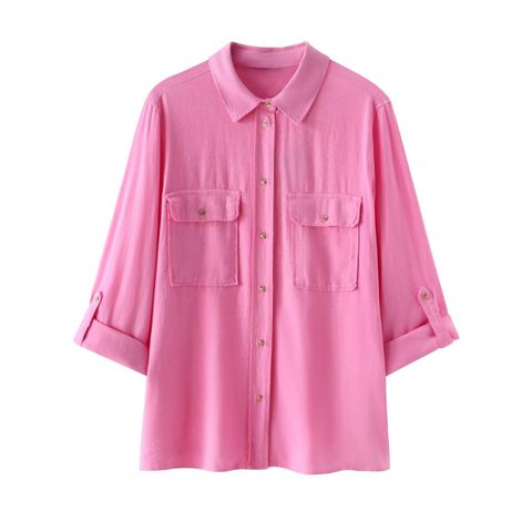 Women's Blouse Nine Points Sleeve Blouses Pocket Simple Style Solid Color