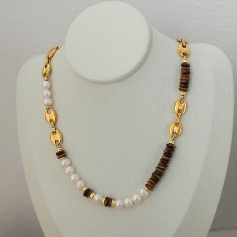 Vacation Roman Style Geometric Natural Stone Tiger Eye Titanium Steel Bracelets Necklace In Bulk