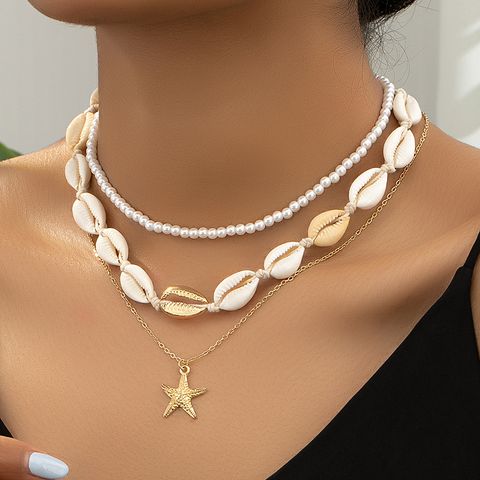 Vacation Tropical Starfish Plastic Shell Zinc Alloy Beaded Plating 14K Gold Plated Women's Three Layer Necklace