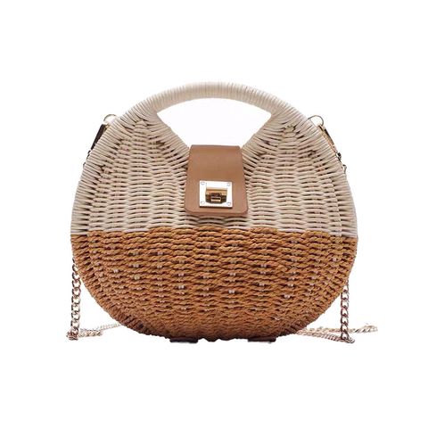 Women's Small Straw Color Block Vacation Beach Weave Lock Clasp Straw Bag