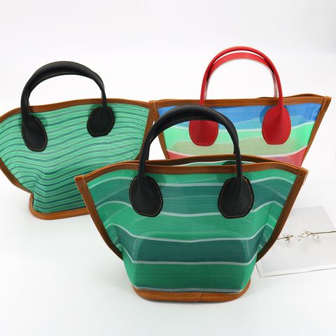 Women's Medium Nylon Stripe Basic Classic Style Hollow Bucket Open Bucket Bag