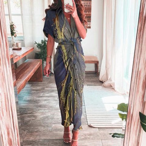 Vintage Style Stripe V Neck Short Sleeve Printing Polyester Midi Dress Irregular Skirt