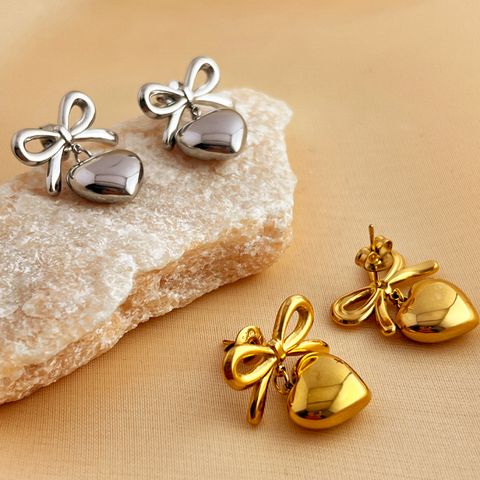 1 Pair Elegant Glam Luxurious Heart Shape Bow Knot Plating 304 Stainless Steel 18K Gold Plated Dangling Earrings