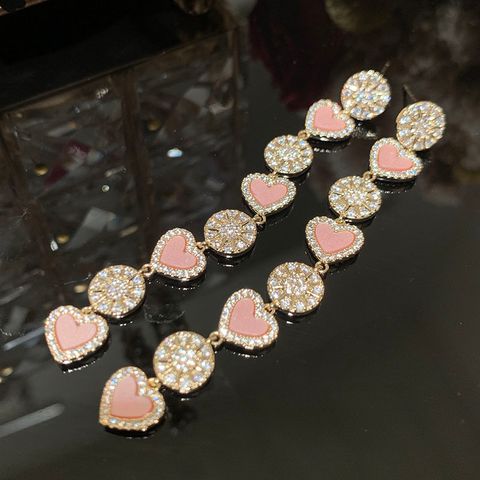 1 Pair Lady Wedding Shiny Heart Shape Dandelion Plating Copper Brass Shell Zircon K Gold Plated Drop Earrings