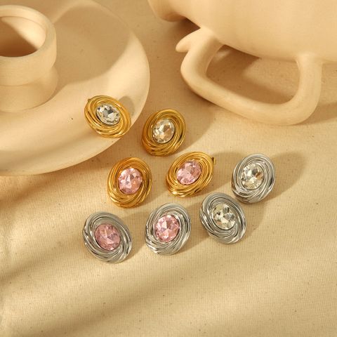 1 Pair IG Style Elegant Lady Round Spiral Polishing Plating Inlay 304 Stainless Steel Artificial Pearls Zircon 18K Gold Plated Ear Studs