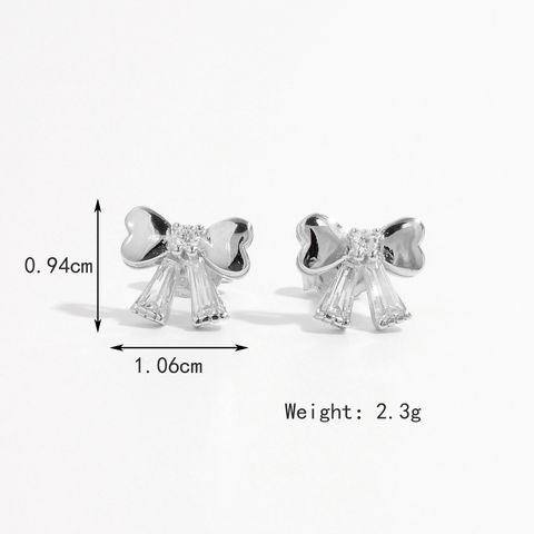 1 Pair Elegant Glam Romantic Four Leaf Clover Flower Bow Knot Plating Sterling Silver Zircon White Gold Plated Ear Studs