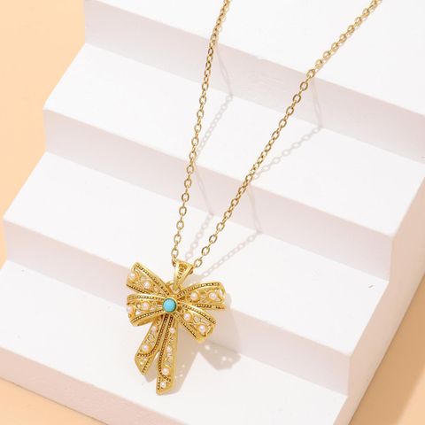Wholesale Elegant Lady Streetwear Bow Knot Copper Inlay 18K Gold Plated Imitation Pearl Turquoise Pendant Necklace