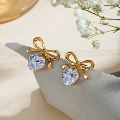 1 Pair Elegant Lady Sweet Heart Shape Bow Knot Inlay 304 Stainless Steel Zircon 18K Gold Plated Ear Studs