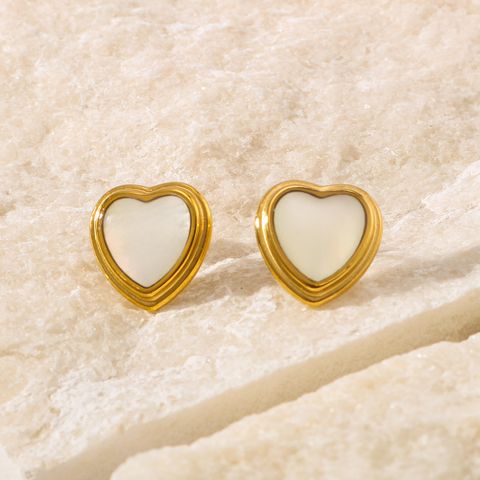 1 Pair Vintage Style Simple Style Heart Shape Plating Inlay 304 Stainless Steel Shell 18K Gold Plated Ear Studs