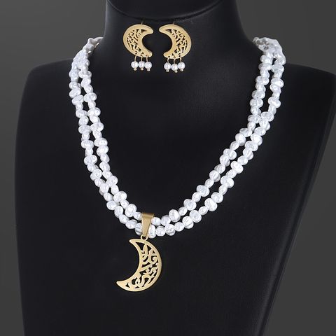 Nordic Style Modern Style Classic Style Moon Tassel 14K Gold Plated 304 Stainless Steel Artificial Pearl Wholesale Earrings Necklace Jewelry Set