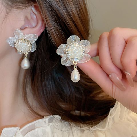 1 Pair Casual Sweet Flower Inlay Alloy Rhinestones Pearl Drop Earrings