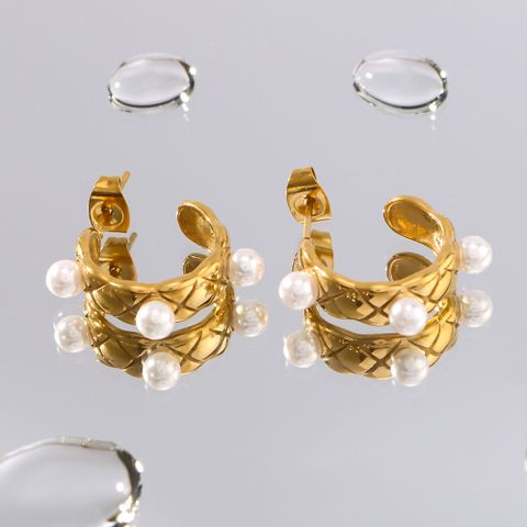 1 Pair Vintage Style Simple Style Color Block Plating Inlay 304 Stainless Steel Artificial Pearls 18K Gold Plated Ear Studs