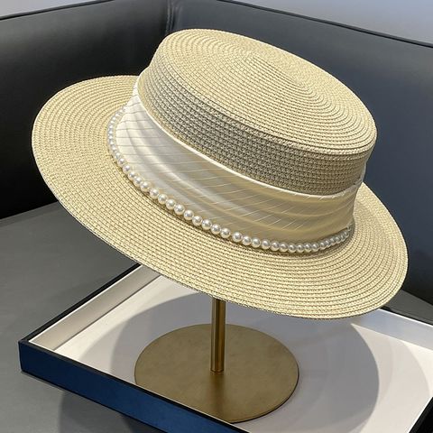 Women's Simple Style Solid Color Pearl Straps Flat Eaves Fedora Hat
