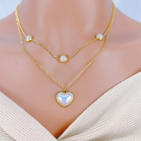 Titanium Steel Elegant Lady Modern Style Plating Inlay Geometric Heart Shape Eye Imitation Pearl Plastic Turquoise Double Layer Necklaces Pendant Necklace