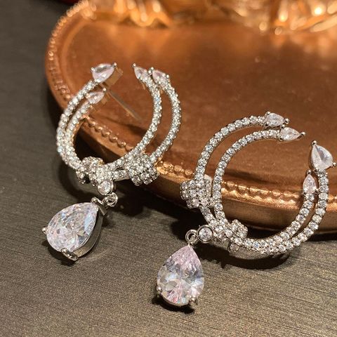 1 Pair Elegant Lady Streetwear Geometric Water Droplets Inlay Brass Zircon 14K Gold Plated Drop Earrings