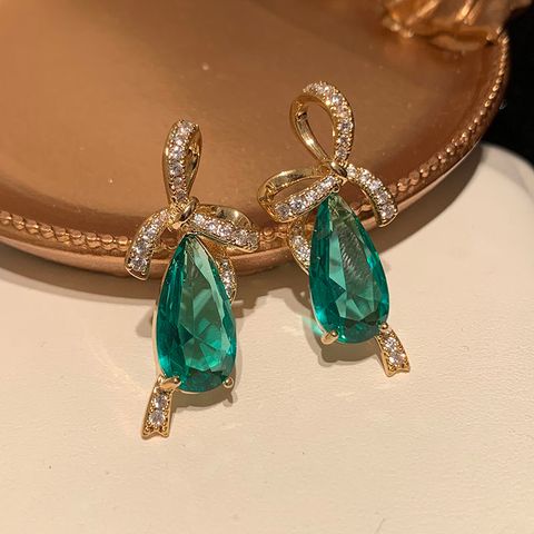 1 Pair IG Style Modern Style Classic Style Water Droplets Bow Knot Inlay Brass Zircon 14K Gold Plated Drop Earrings