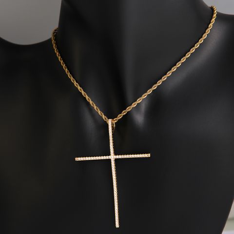 Wholesale Elegant Lady Streetwear Cross 304 Stainless Steel Copper Plating Inlay 18K Gold Plated Zircon Pendant Necklace