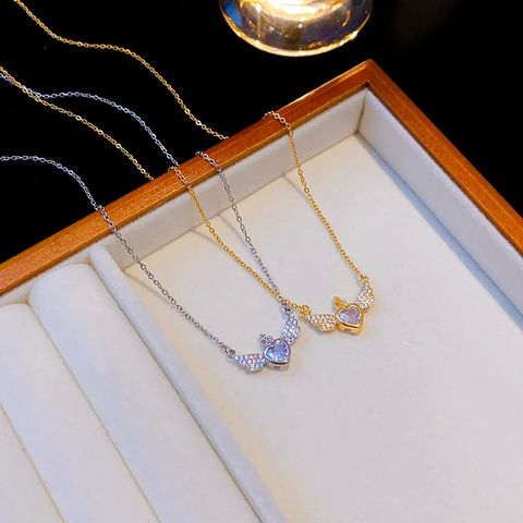 Wholesale Elegant Lady Heart Shape Crown Wings 304 Stainless Steel Copper Inlay 18K Gold Plated K Gold Plated Zircon Pendant Necklace