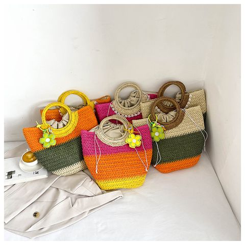 Women's Large Straw Color Block Vacation Beach Weave String Straw Bag