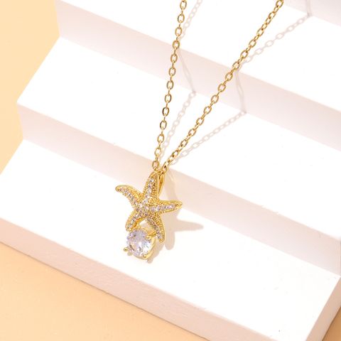 Wholesale Casual Lady Vacation Starfish Copper Inlay 18K Gold Plated Zircon Pendant Necklace