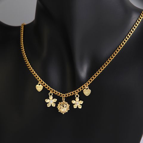 Wholesale Elegant Vacation Sweet Heart Shape Ball Flower 304 Stainless Steel Copper Plating Inlay 18K Gold Plated Zircon Pendant Necklace