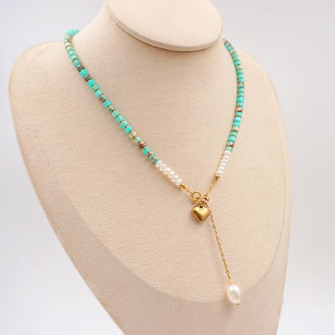 Sweet Geometric Leaves Gold Plated 304 Stainless Steel Turquoise Freshwater Pearl Wholesale Pendant Necklace