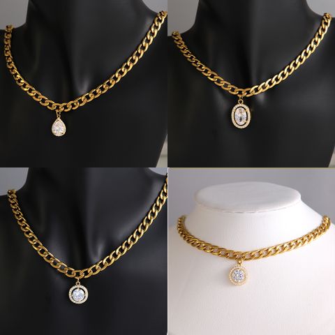 Wholesale Hip-Hop Exaggerated Rock Round Oval Water Droplets 304 Stainless Steel Copper Plating Inlay 18K Gold Plated Zircon Pendant Necklace