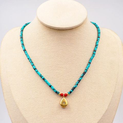 Vintage Style Geometric Water Droplets Gold Plated Artificial Rhinestones 304 Stainless Steel Turquoise Titanium Steel Wholesale Pendant Necklace