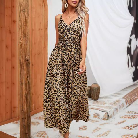 Women's Sheath Dress Strap Dress Sexy V Neck Sleeveless Leopard Midi Dress Party Date Selfie