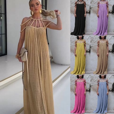 Women's Party Dress Sexy Round Neck Sleeveless Solid Color Maxi Long Dress Holiday Banquet Bar