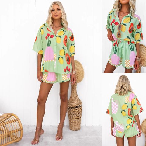 Holiday Beach Women's Vacation Fruit Polyester Printing Pocket Shorts Sets Shorts Sets