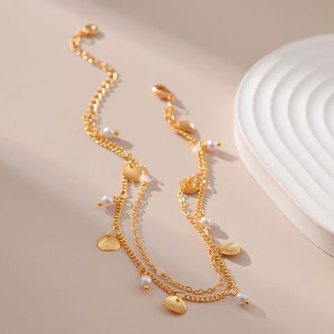 Élégant Style Simple Coquille Perle D'Imitation Alliage Plaqué Or 18K Femmes Bracelet De Cheville