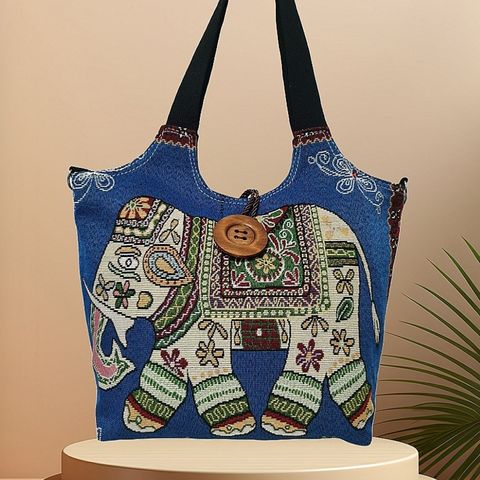 Women's Large Canvas Elephant Ethnic Style Square Zipper Shoulder Bag