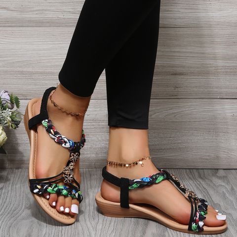 Women's Bohemian Color Block Round Toe Thong Sandals