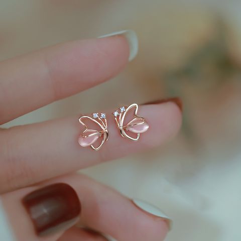 1 Piece French Style Sweet Butterfly Hollow Out Inlay Alloy Opal Rose Gold Plated Ear Studs