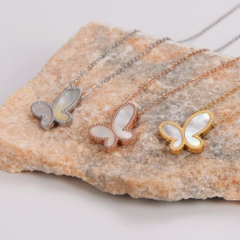 304 Stainless Steel 18K Gold Plated Rose Gold Plated Casual Simple Style Inlay Butterfly Shell Necklace