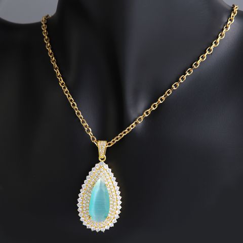 304 Stainless Steel 18K Gold Plated Casual Retro Inlay Water Droplets Glass Stone Zircon Pendant Necklace