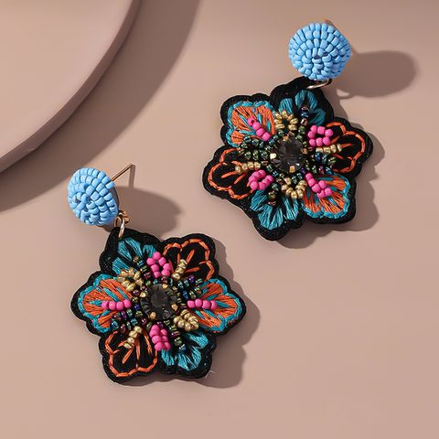 1 Pair Ethnic Style Commute Flower Beaded Embroidery Inlay Cloth Glass Rhinestones Drop Earrings