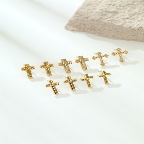 1 Pair Simple Style Cross Inlay 304 Stainless Steel Moissanite Gold Plated Ear Studs