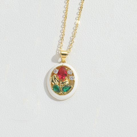 Wholesale Vintage Style Simple Style Commute Flower Copper Enamel Inlay 14K Gold Plated Acrylic Zircon Pendant Necklace