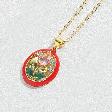 Wholesale Vintage Style Simple Style Commute Flower Copper Enamel Inlay 14K Gold Plated Acrylic Zircon Pendant Necklace