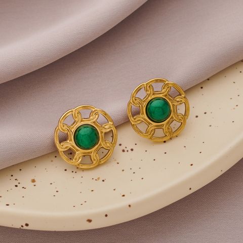 1 Pair Vacation Roman Style Round Plating Inlay 304 Stainless Steel Natural Stone 18K Gold Plated Ear Studs