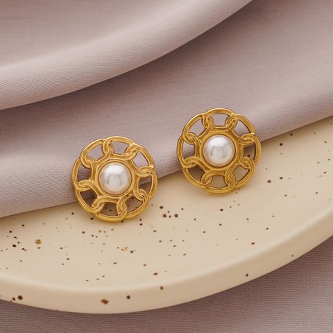 1 Pair Vacation Roman Style Round Plating Inlay 304 Stainless Steel Natural Stone 18K Gold Plated Ear Studs