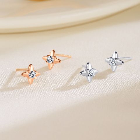 1 Pair IG Style Fairy Style Korean Style Four Eight-Pointed Stars Star Plating Inlay Sterling Silver Zircon Ear Studs