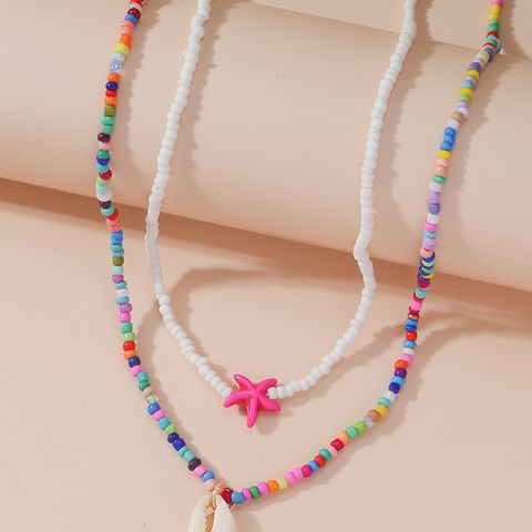 Hawaiisch Ferien Bohemien Seestern Hülse Perlen Perlen Frau Doppellagige Halsketten Halskette Mit Anhänger
