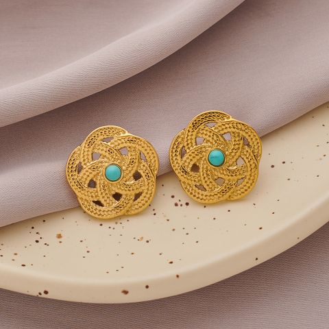 1 Pair Simple Style Classic Style Round Plating Inlay 304 Stainless Steel Turquoise Pearl 18K Gold Plated Ear Studs
