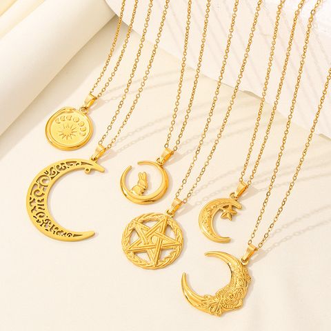 304 Stainless Steel IG Style Plating Hollow Out Star Moon Pendant Necklace