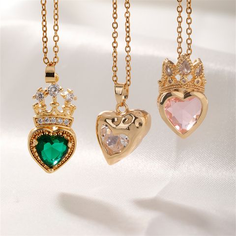 Wholesale Elegant Vintage Style Romantic Heart Shape Crown 304 Stainless Steel Copper Inlay K Gold Plated Zircon Pendant Necklace